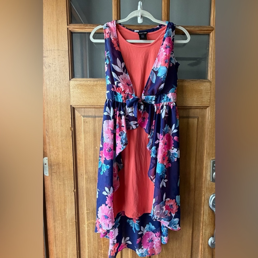 Girls Floral Overlay Coral Dress - Sleeveless Tie Front